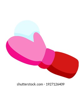 Mitten. Winter red glove and snow. Children Clothing for cold weather. Snowball fight. Rest and activity of kid. Flat cartoon illustration