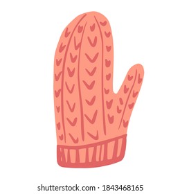 Mitten aus Wolle einzeln auf weißem Hintergrund. Rosa gepflasterte Skizze handgezeichnet in stilvoller, doodle Vektorgrafik.