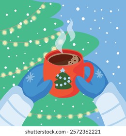 Mittened hands hold a cup with a hot drink, coffee on the background of a Christmas tree. Winter weather, snow. Vector stock illustration.