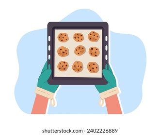 Mittened hands hold oven tray with finished cookies. Hand made sweet pastry. Cooking at home kitchen. oatmeal cookie with chocolate. Homemade bakery. Cartoon flat isolated vector concept