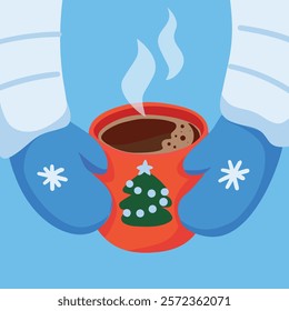 Mittened hands are holding a cup with a Christmas tree painted on it. with a hot drink, coffee or chocolate. Winter weather, snow. Vector stock illustration.