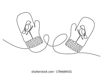 Mittens with bird drawn in one continuous line, winter concept
