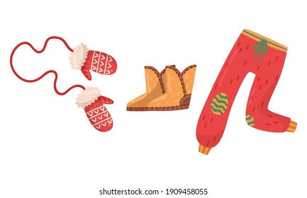 Mittens, Boots and Pair of Trousers as Winter Seasonal Garment Vector Set
