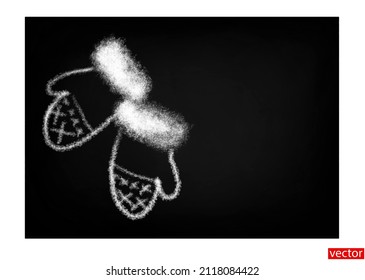 Mittens chalk. Two knitted mittens chalk drawing isolated on a black background. Corner chalk drawing on the blackboard. Santa Claus mittens. Symbol of winter. Design element for the pattern. Vector