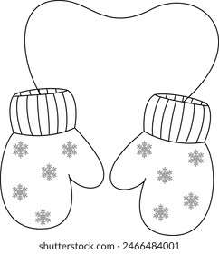 Mittens coloring page. Knitted winter clothes, vector flat illustration. Winter coloring page for kids