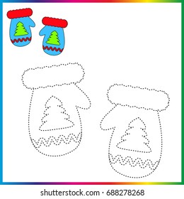 mittens, connect the dots and coloring page. Worksheet - game for kids. Restore dashed line - trace game for children. 