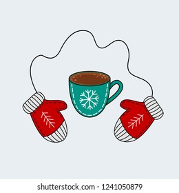 Mittens and a cup of coffee in a sketch style. flat vector illustration isolated on white background