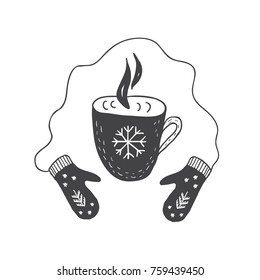 Mittens and cup of hot tea or coffee. Minimalist scandinavian style. Graphic for kids card, print for t-shirt and more. Winter season.