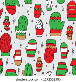 Mittens Drawing Seamless Pattern in Red, Green, Brown for Christmas Time. Winter Time