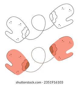 Mittens with elastic band. Black and white and color clipart vector illustration.