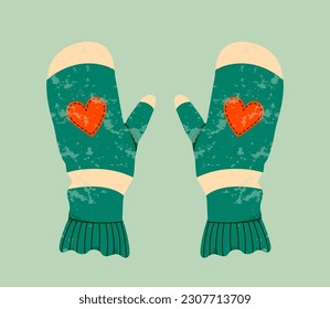 Mittens flat illustration with hearts. Winter gloves and winter holiday concept. Hand drawn flat textured holiday greeting card. Cute green mittens. Trendy illustration for print and web.