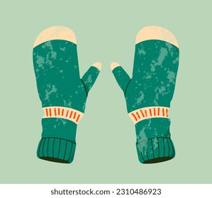 Mittens flat illustration. Winter gloves and winter holiday concept. Hand drawn flat textured holiday greeting card. Cute green mittens. Trendy illustration for print and web.
