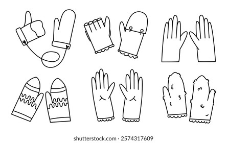 Mittens and gloves for winter and autumn. Set of accessories. Flat line vector illustration, eps10