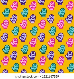 Mittens hand drawn vector seamless pattern in cartoon doodle style orange yellow pink blue green