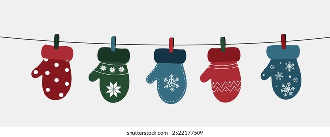 Mittens hanging on rope. Collection of colorful mittens with different patterns. Vector element for design isolated on grey background. 