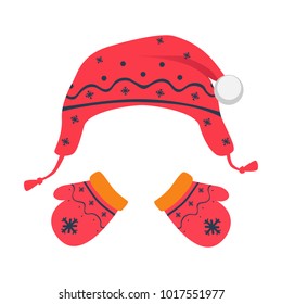 Mittens and hat vector illustration. Knitted hat. Children's mittens