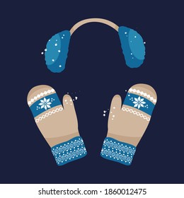 Mittens and headphones. Winter clothes. Vector illustration.