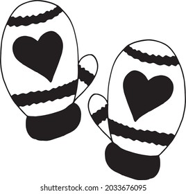 mittens with heart. hand drawn doodle icon. vector, scandinavian, nordic, minimalism, monochrome. winter clothing warm knitted pair two
