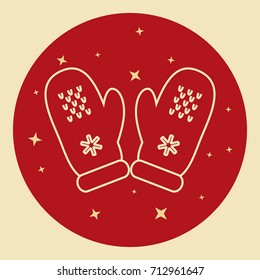 Mittens icon in thin line style. Traditional winter clothes symbol in round frame.
