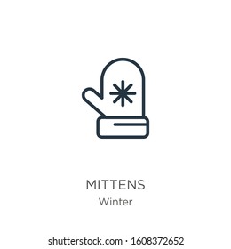 Mittens icon. Thin linear mittens outline icon isolated on white background from winter collection. Line vector sign, symbol for web and mobile