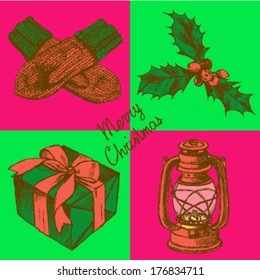 Mittens, mistletoe, present and kerosene lamp, vector sketch set