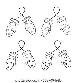Mittens on a string with simple figures of a circle, a star, a snowflake. Set in the style of a Doodle
