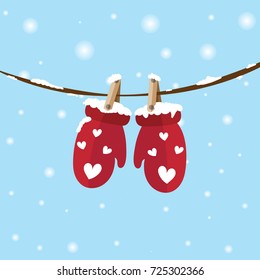 Mittens on tree illustration in flat design for greeting card,Christmas time and New Year