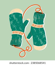 Mittens pair flat cartoon textured illustration. Winter gloves and winter holiday concept. Hand drawn flat holiday symbol. Cute green mittens with ornament. Trendy illustration for print and web.