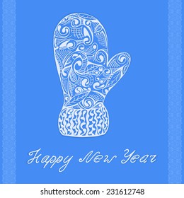 Mittens with pattern. Background with quote: Happy New Year.