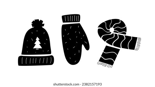 Mittens, scarf and cap black-white flat illustration. Simple winter doodle  clothes.