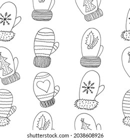 mittens seamless pattern. hand drawn doodle icon. vector, scandinavian, nordic, minimalism, monochrome. winter clothes, warm, knitted. textile, wrapping paper, background.
