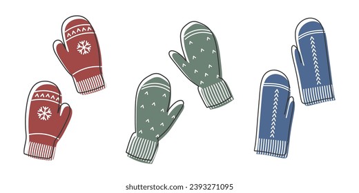 Mittens set Hand drawn Warm winter Clothes. Line Vector illustration Outfit