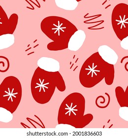 mittens with snowflake seamless pattern. hand drawn doodle. vector, cartoon, minimalism. wallpaper, wrapping paper, textile, banner. winter, clothing, accessory, new year, christmas, cozy, hygge.