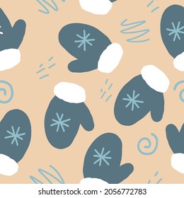 mitones con un patrón sin costuras de copo de nieve. doodle dibujado a mano. vector, dibujos animados, minimalismo. papel pintado, papel envolvente, textil, pancarta. invierno, ropa accesoria navidad año nuevo higge acogedor