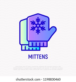 Mittens with snowflake thin line icon. Modern vector illustration of winter accessories.