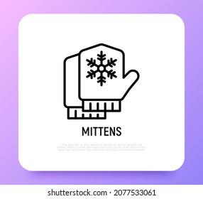 Mittens with snowflake thin line icon. Modern vector illustration of winter accessories.