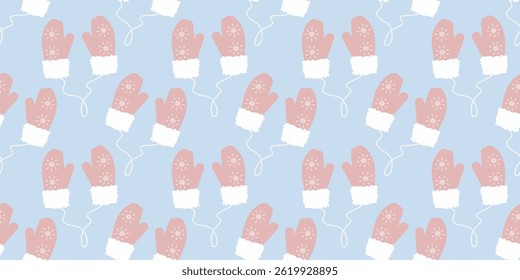 Mittens com flocos de neve e pele na corda Padrão sem emenda na moda rosa macio no azul