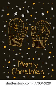  Mittens and Snowflakes. Merry Christmas card. Vector Illustration. 