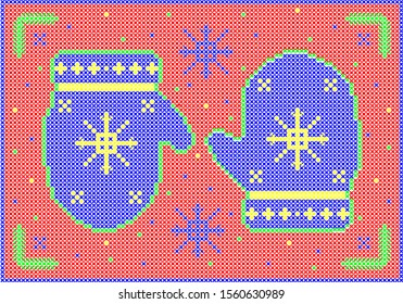Mittens with snowflakes on them with imitation cross stitch.