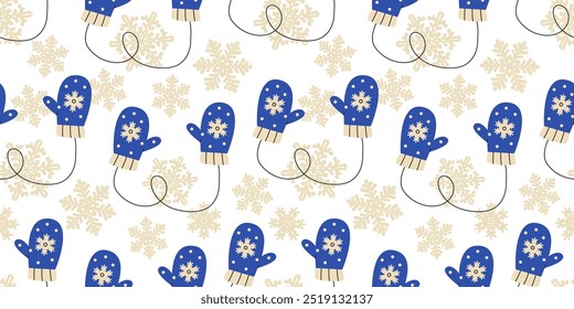 Mittens and snowflakes seamless pattern. Winter Christmas background. Flat vector illustration.