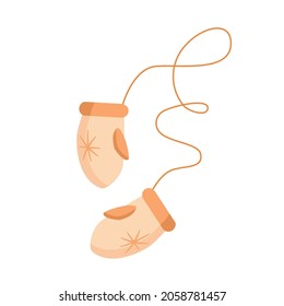 Mittens with a soft beige snowflake connected with a rope. Cozy vector illustration for creating holiday cards, invitations, website design, banners, and different typography 