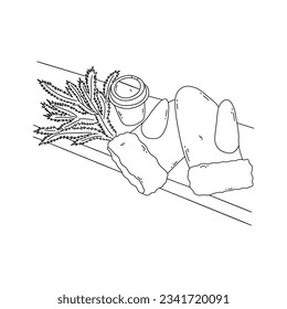 Mittens, spruce branches and cup of coffee or hot tea lie on wooden bench. Cozy winter aesthetic. Festive Christmas print. Black and white vector isolated illustration hand drawn