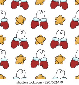 Mittens and stars cartoon seamless pattern. Festive Christmas background. Winter print for digital paper, wallpaper, packaging, textile. Beautiful season template for design vector illustration