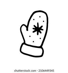 Mittens vector icon. Hand drawn doodle. Knitted accessories with a snowflake. Black and white concept