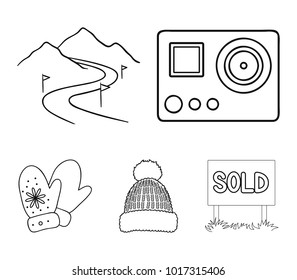 Mittens, warm hat, ski piste, motion camera. Ski resort set collection icons in outline style vector symbol stock illustration web.