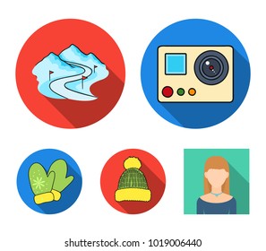 Mittens, warm hat, ski piste, motion camera. Ski resort set collection icons in flat style vector symbol stock illustration web.