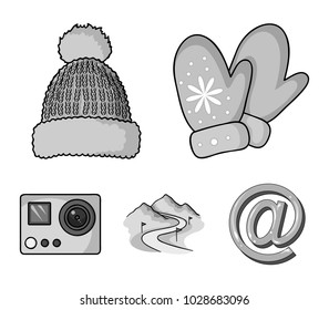 Mittens, warm hat, ski piste, motion camera. Ski resort set collection icons in monochrome style vector symbol stock illustration web.