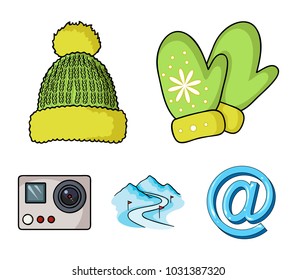 Mittens, warm hat, ski piste, motion camera. Ski resort set collection icons in cartoon style vector symbol stock illustration web.