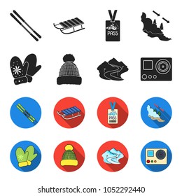 Mittens, warm hat, ski piste, motion camera. Ski resort set collection icons in black,flet style vector symbol stock illustration web.