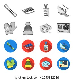 Mittens, warm hat, ski piste, motion camera. Ski resort set collection icons in monochrome,flat style vector symbol stock illustration web.